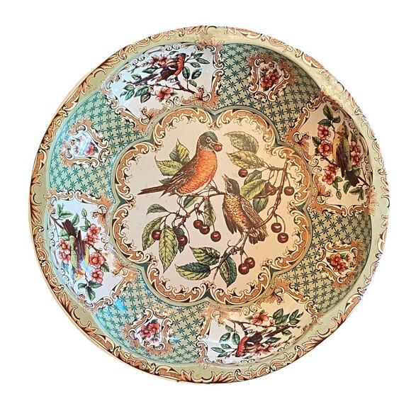 1971 Daher Decorated Ware Scalloped 10” Tin Bowl England Birds Berries 11101 - Picture 3 of 12